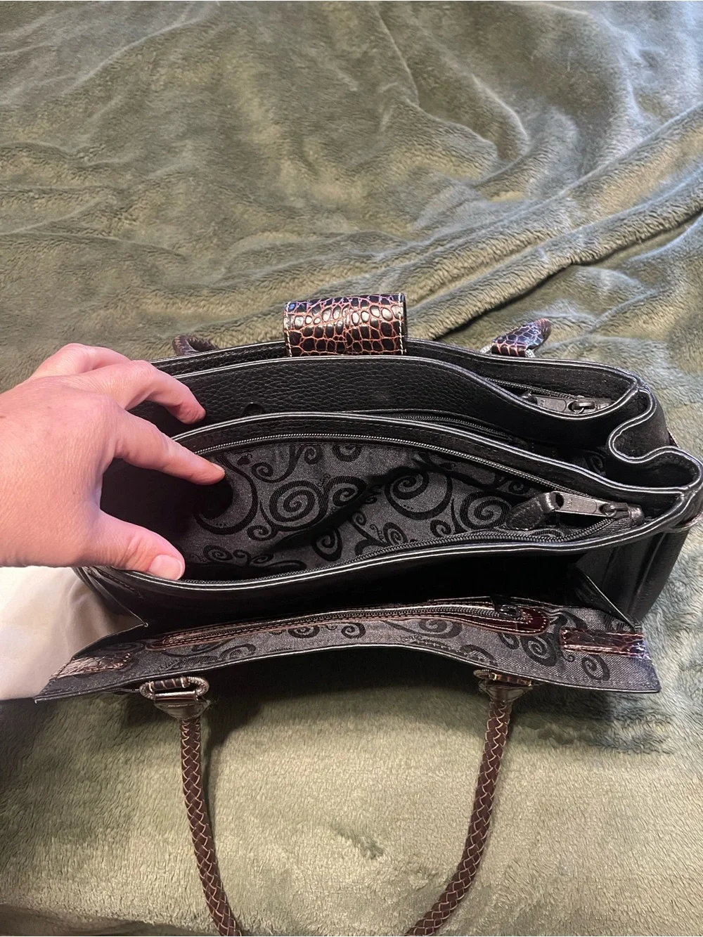 Vintage Black Leather Satchel Bag with Brown Accents